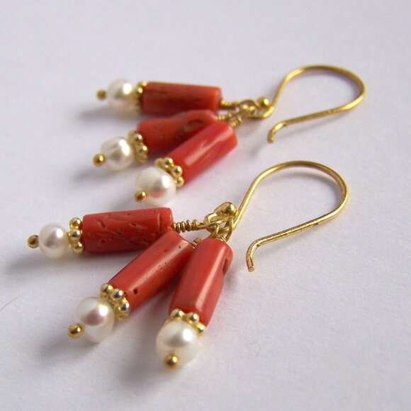 Genuine ITALIAN CORAL & PEARL Earrings 22k Gold Vermeil Colorful Cluster - Picture 2 of 8
